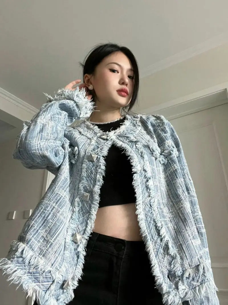 Women's Blue Denim Jacket - American Street Style Oversized Coat for Fall & Winter | Fashionable & Versatile Outerwear for Casual Wear, Layering & Street Fashion