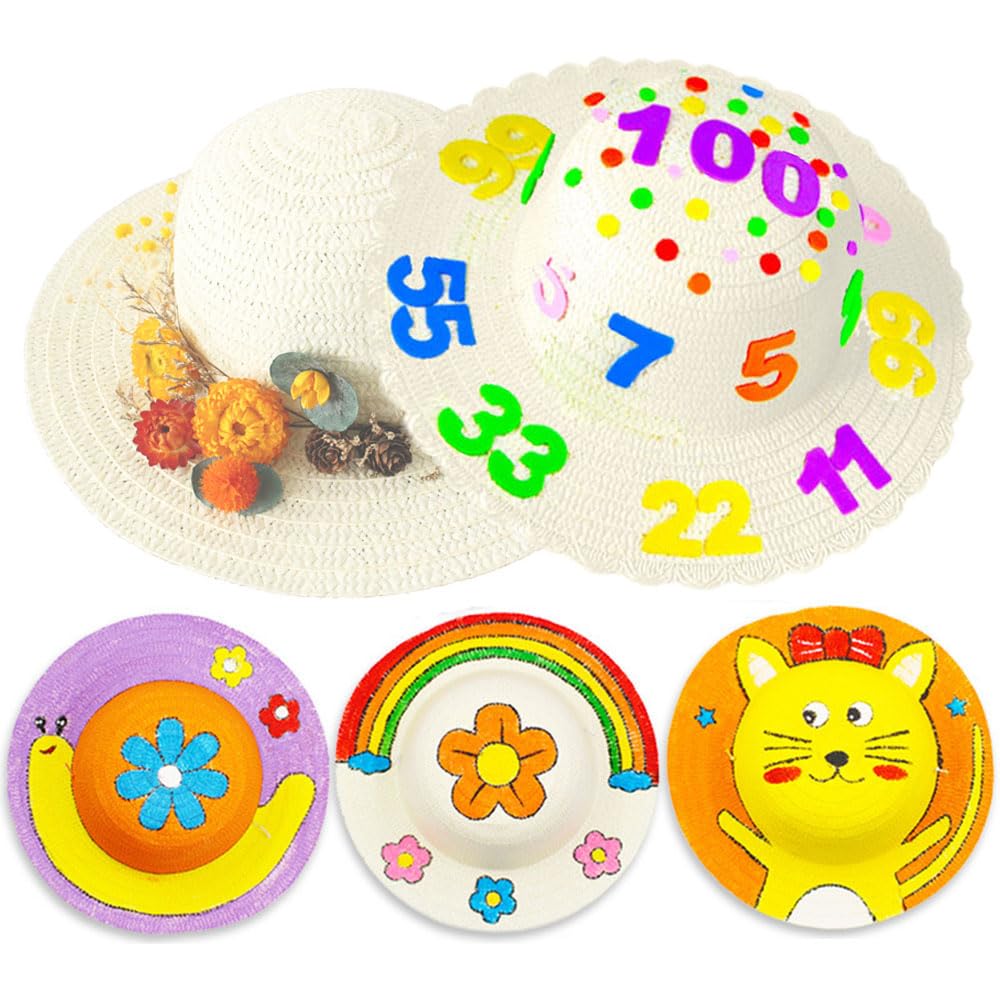 10Pcs DIY Straw Hats Set - 5 Lace Hats for Girls & 5 Round Hats for Boys - Blank White Hats for Art Painting, Tea Party, Easter & Dress Up - Perfect for DIY Crafts, Kids Parties & Holiday Celebrations
