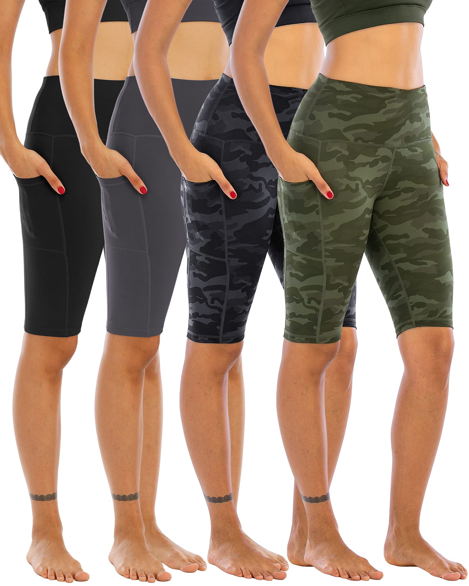 WHOUARE Women's High Waisted Yoga Shorts 4-Pack with Pockets - Breathable Athletic Running Shorts for Gym, Workout & Biking - Tummy Control Activewear (Perfect for Yoga, Cycling & Fitness Training)