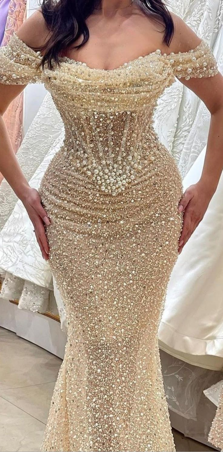 Champagne Sequin Off-The-Shoulder Evening Gown - Elegant Formal Dress J6645 for Prom, Wedding & Special Occasions