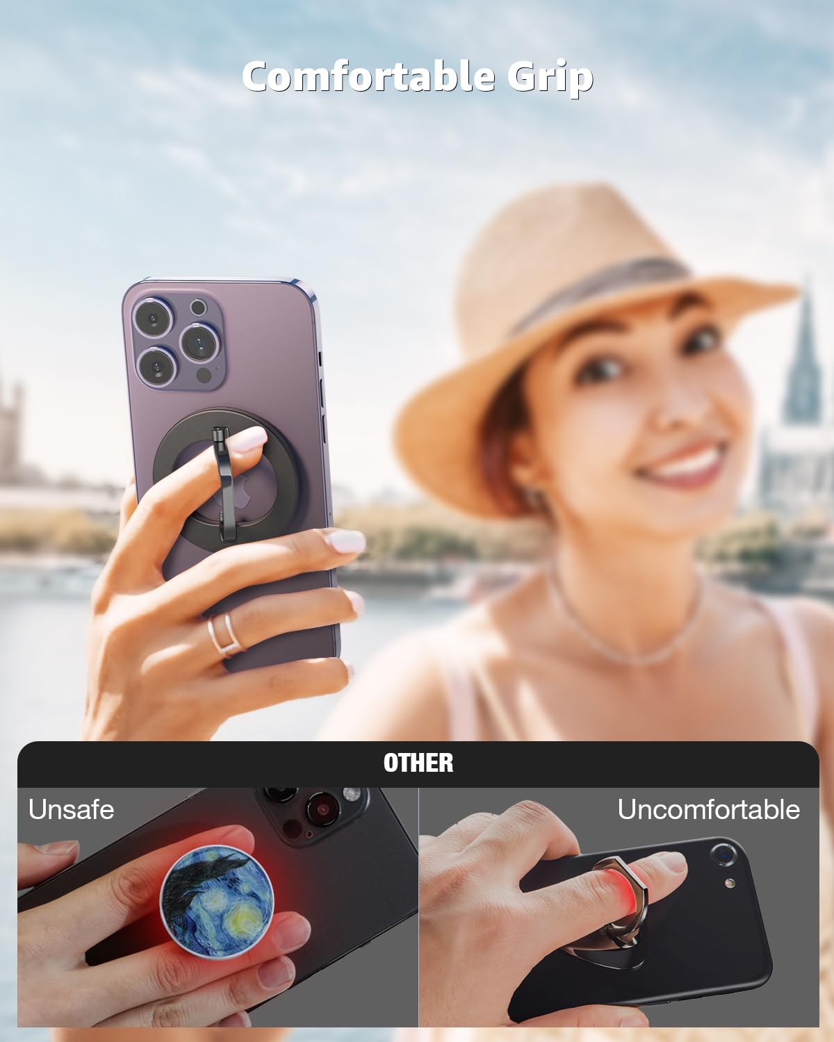 SUPERONE Adjustable Magnetic Phone Grip & Kickstand - Removable Finger Ring Holder for MagSafe Accessories | Compatible with iPhone 16/15/14/13/12 Series | Perfect for One-Hand Use, Video Watching & Secure Phone Handling
