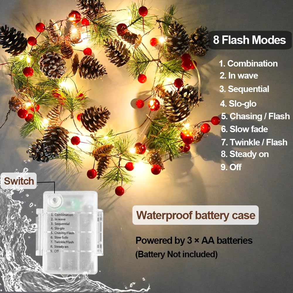 13ft LED Christmas Pine Garland with 40 Battery-Operated Lights & Red Berries - Holiday Decor for Tree, Fireplace, Stairs, Windows - Perfect for Indoor/Outdoor Xmas Decoration