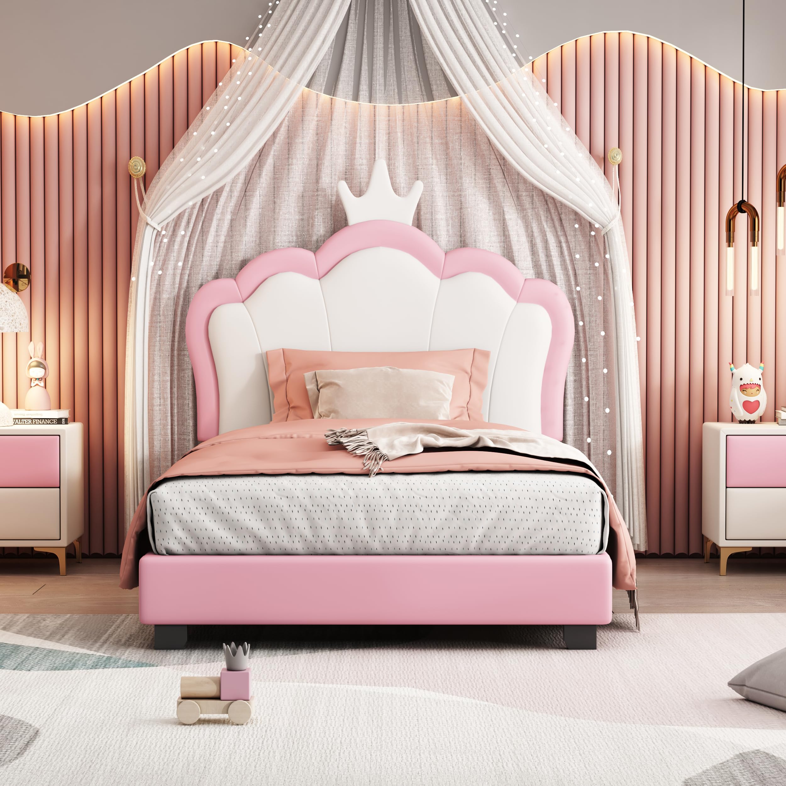 Twin Size Upholstered Princess Bed with Crown Headboard - Pink Bed Frame for Girls | Perfect for Kids' Bedroom, Princess-Themed Decor & Sleepovers