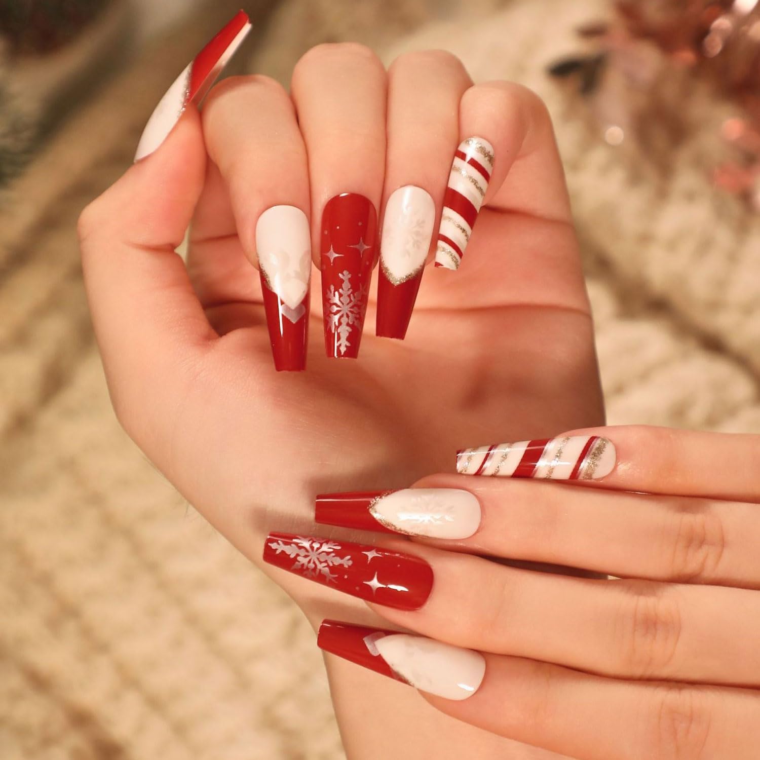 Christmas Press on Nails Long Red Glossy Fake Nails with Snowflake Design - 24Pcs Stick on Nails for Women & Girls - Perfect for Holiday Parties, Gift Giving & Festive Nail Art