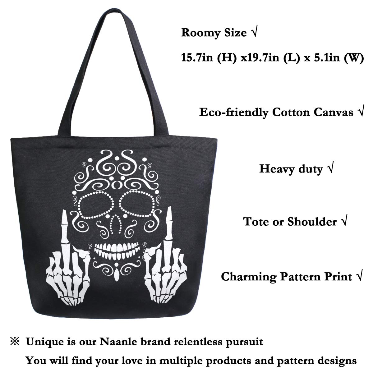 Floral Skull Canvas Tote Bag for Women - Large Black & White Cotton Shoulder Bag, Durable Reusable Grocery Shopping Tote - Perfect for Beach, Market, Travel & Everyday Use
