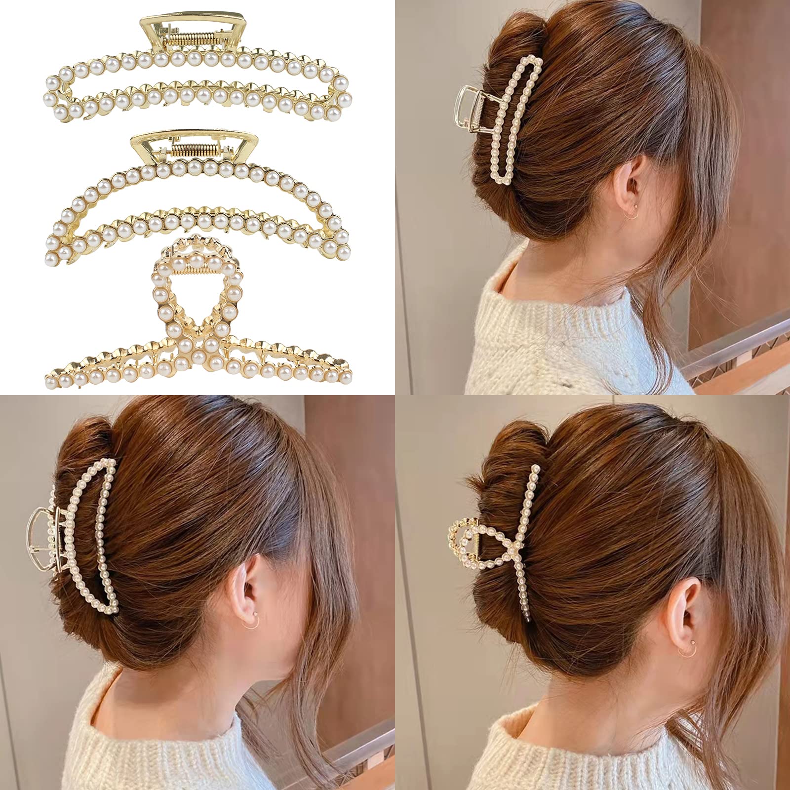 VinBee Pearl Hair Clips for Women - Large Metal Hair Claw Clips for Thick & Thin Hair (3 Pack, 4.5 Inches) - Perfect for Updos, Ponytails & Everyday Styling