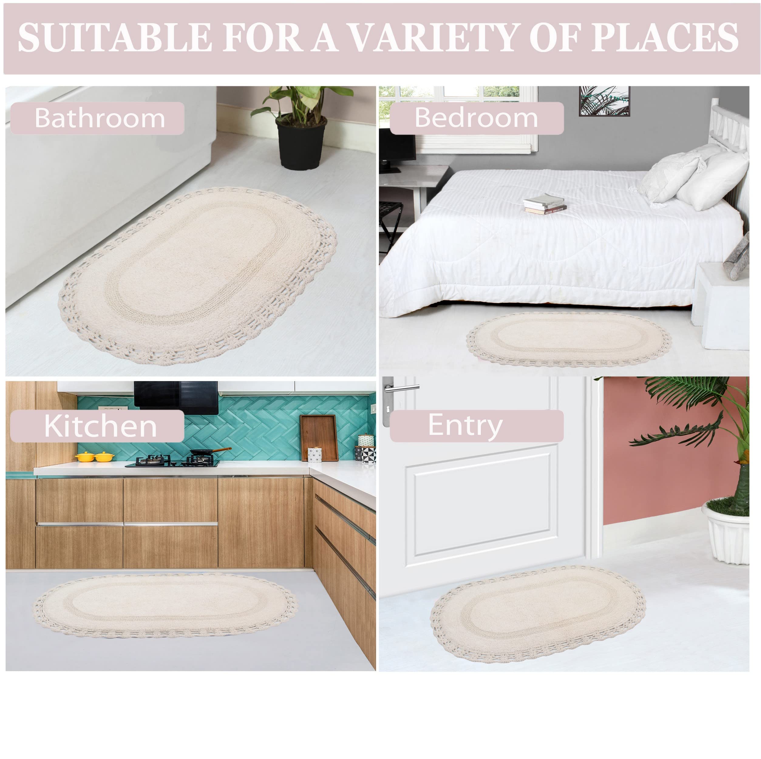 Premium 100% Cotton Reversible Crochet Bath Mat Set - Super Soft & Absorbent Non-Slip Bathroom Rug, Washable Kitchen Mat (21