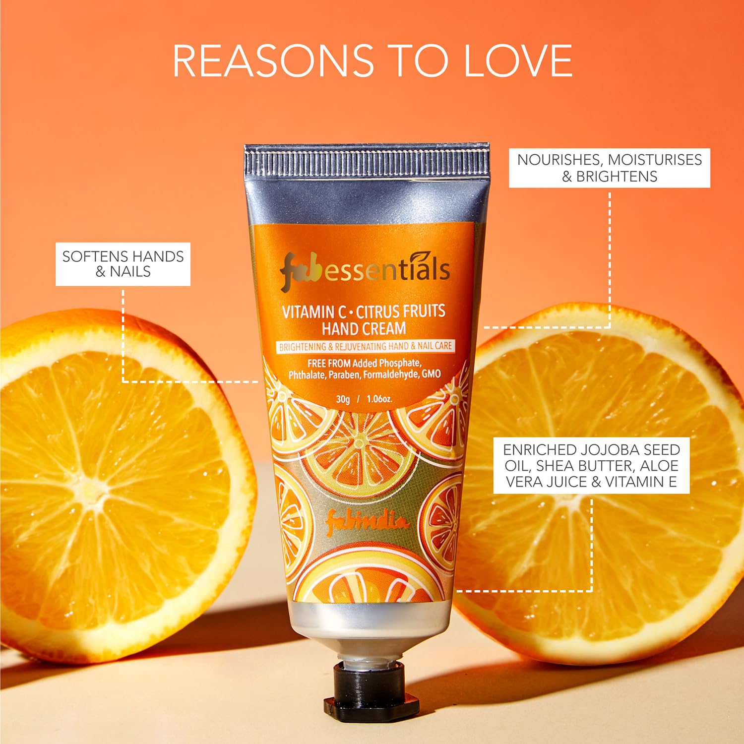 Fabessentials Vitamin C Citrus Fruits Hand Cream - 30gm | Moisturizing Hand Cream for Dry Rough Hands | Brightening & Nourishing Hand & Nail Care | Unisex Hand Moisturizer for Women & Men | Perfect for Daily Hydration, Office Use & Travel Skincare