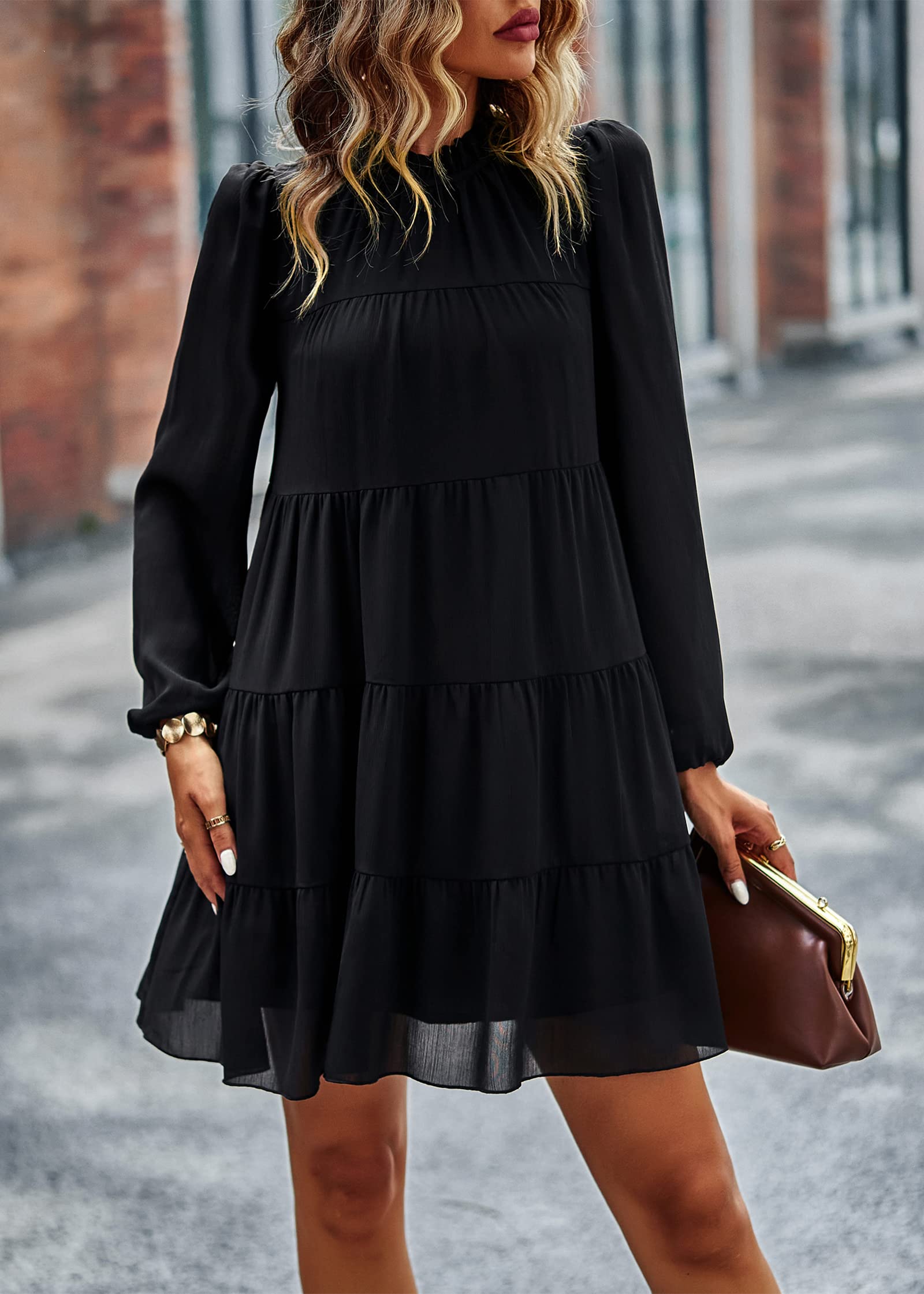 KIRUNDO Women's Spring Dresses 2025 - Long Sleeve Ruffle Mock Neck Tiered Mini Babydoll Dress | Casual Flowy Swing Tunic Shift Dress for Spring Outfits, Date Night & Office Wear