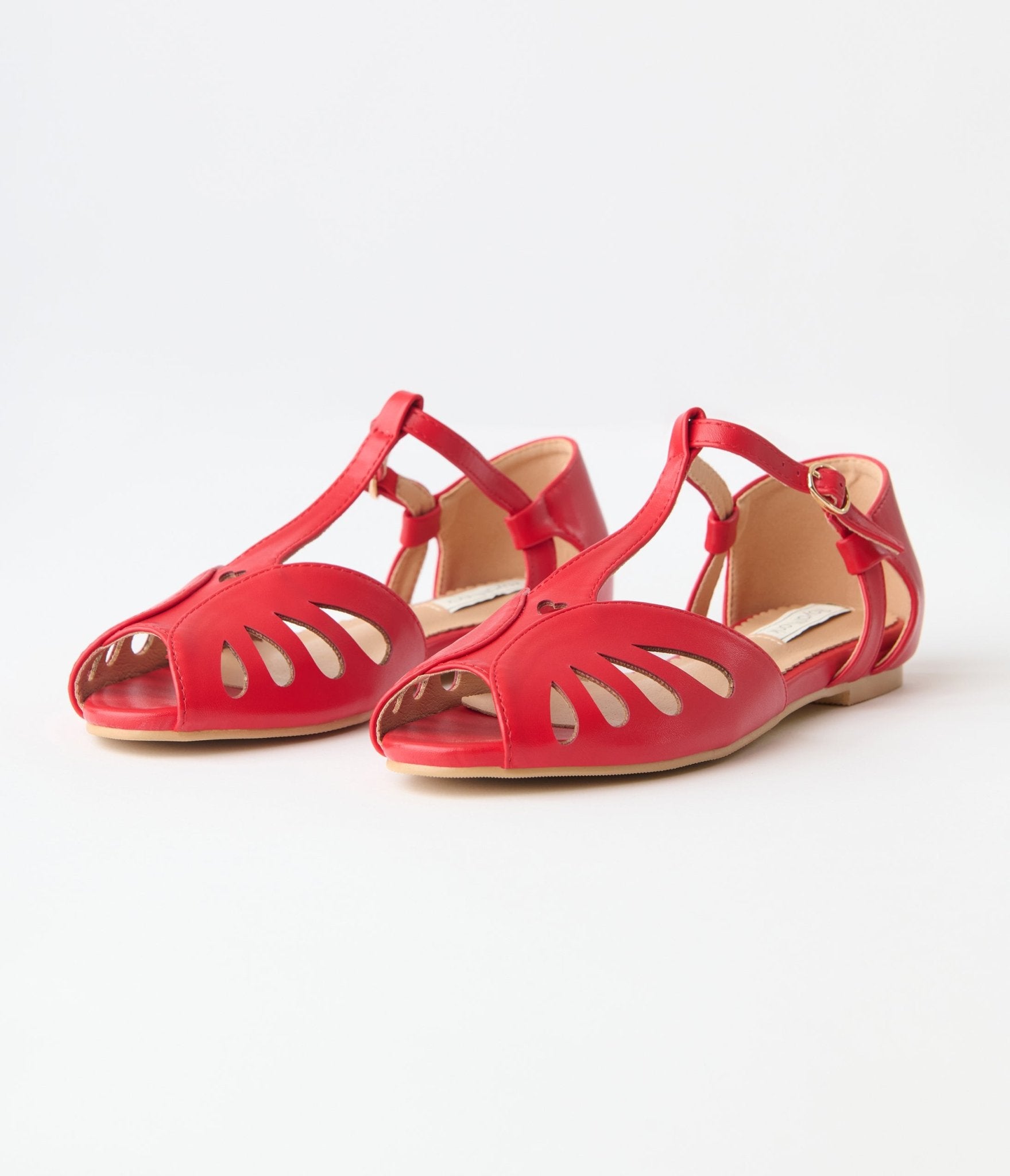 Royal Monk Women's Red Leatherette Peep Toe T-Strap Flats - Comfortable Vegan Leather Ballet Shoes for Casual Wear, Office & Date Night Outfits