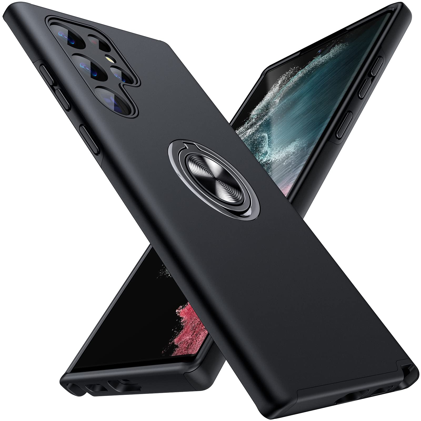 Slim Soft Bumper Protective Case for Samsung Galaxy S22 Ultra with Invisible Ring Holder & Kickstand - Black | Perfect for Daily Use, Travel & Hands-Free Viewing