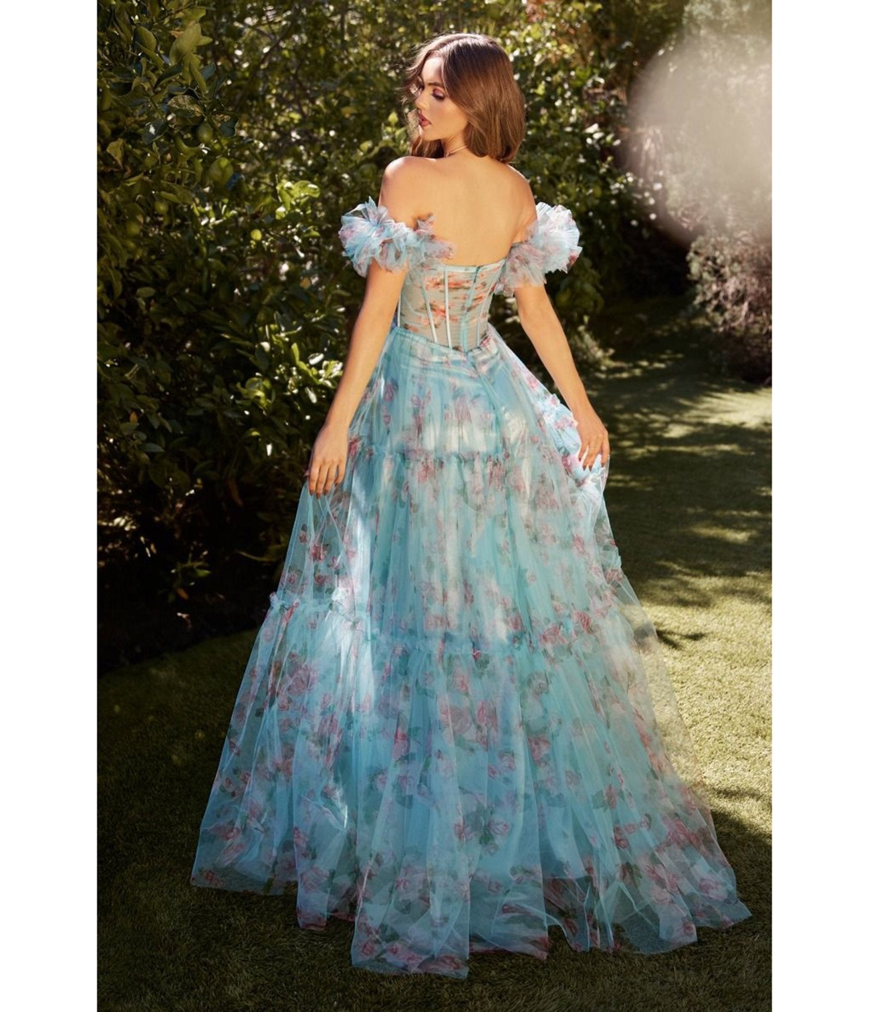 Ladivine By Cinderella Divine Blue Floral Printed Ball Gown - Elegant Prom Dress for Women, Formal Evening Gown for Weddings, Parties & Special Occasions
