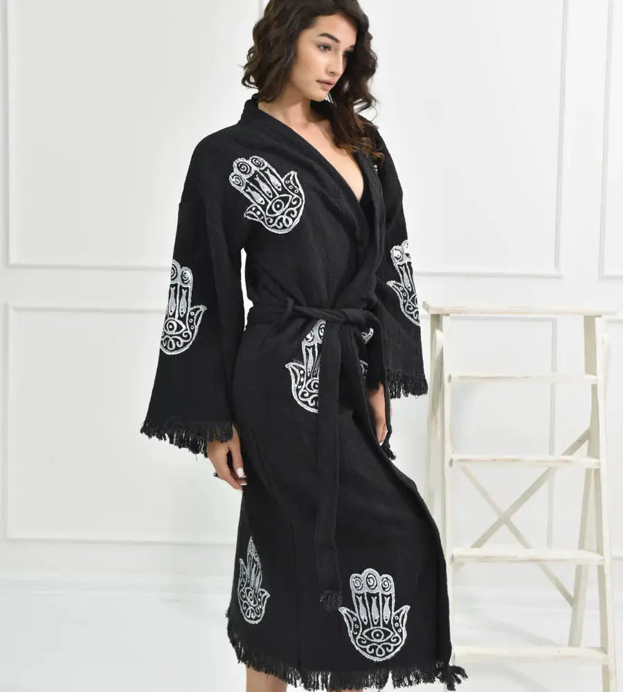 Organic Hamsa Hand Kimono Robe for Women - One Size Black - Perfect for Spa, Yoga & Relaxation at Home