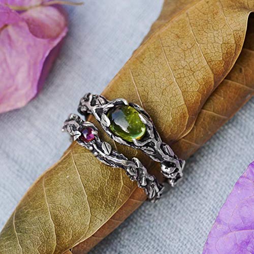 Set of 2 Vita + Band Engagement Rings - Custom Made Chrysolite & Tourmaline Wedding Ring Set, Twig Design Stackable Rings for Women | Perfect for Proposals, Anniversaries & Everyday Wear