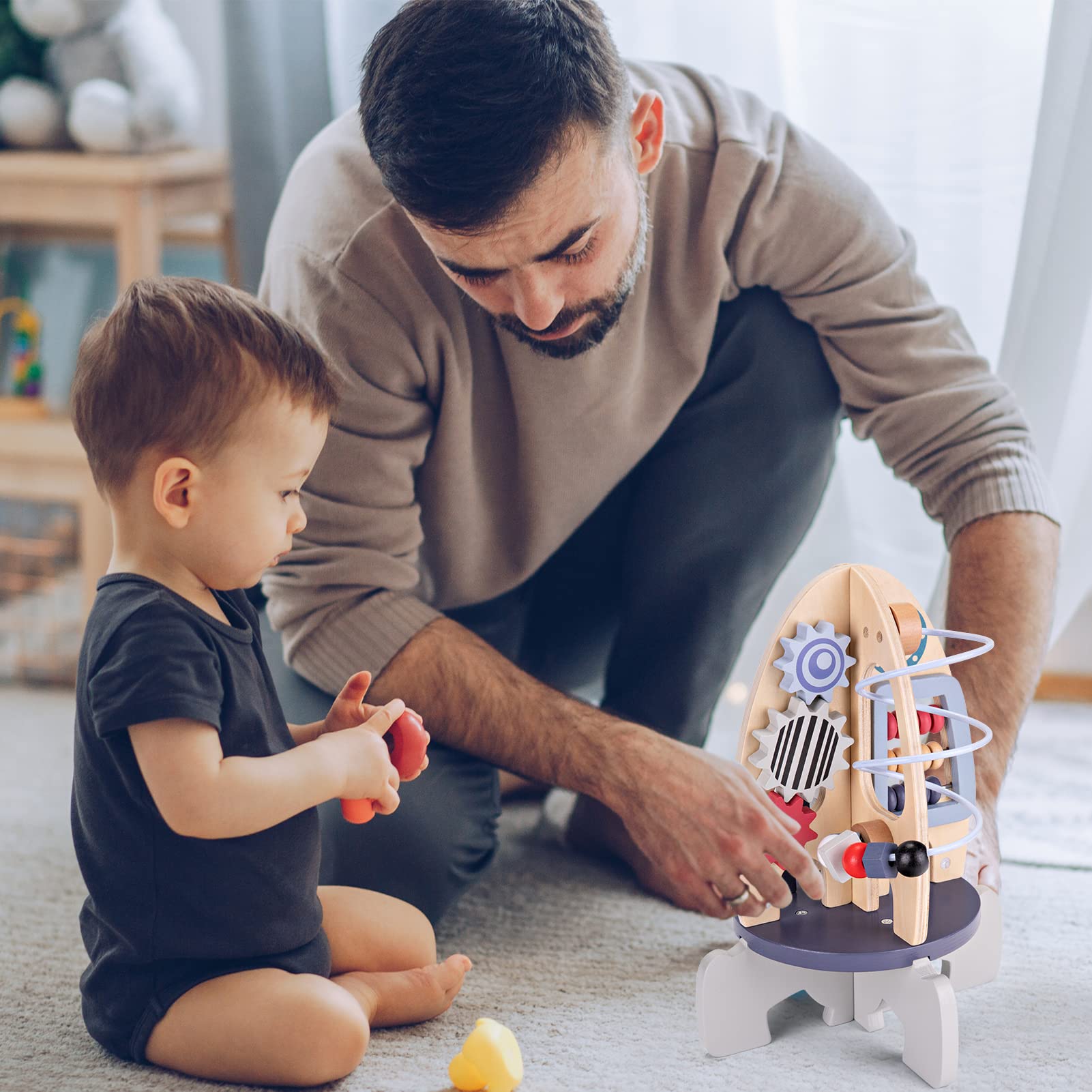 Montessori Wooden Activity Cube Toy for 1 Year Old Boys & Girls - Educational Sensory Busy Board with Rocket Design - Perfect 1st Birthday Gift for Babies 6-18 Months | Ideal for Early Learning, Fine Motor Skills Development & Toddler Playtime