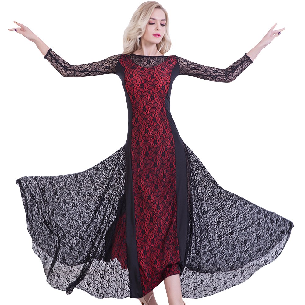 Elegant Floral Ballroom Dance Dress for Women - Modern Waltz & Foxtrot Competition Gown with Lace Details | Perfect for Standard Ballroom Performances & Dance Events