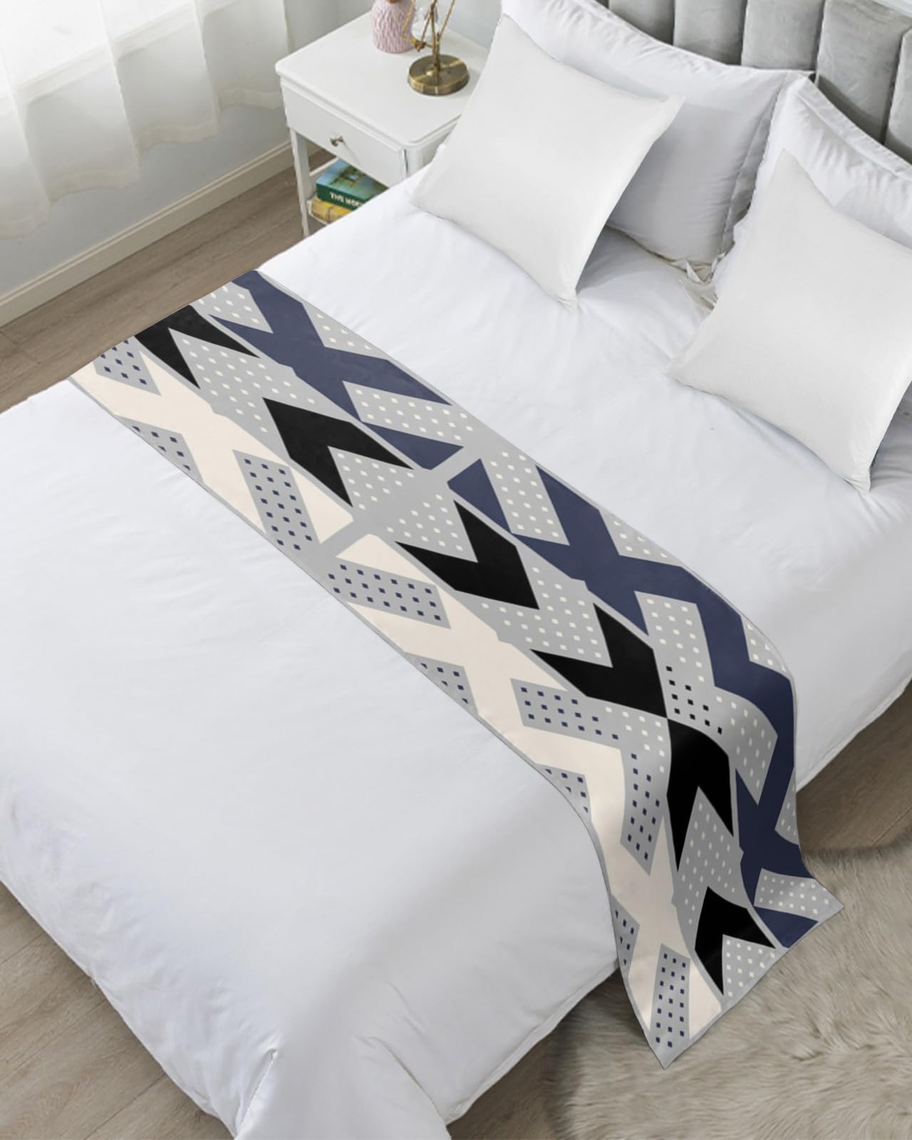 Modern Geometric Blue Black White Bed Runner - Soft Full Size Bed Scarf Cover for Bedroom Decor, Home, Hotel & Guesthouse - Perfect for Adding Style & Protecting Your Bedding    (Note: I've reorganized the title to put key descriptors first, maintained the color/pattern details, specified the size clearly, and included the protective function. The use case is implied through 