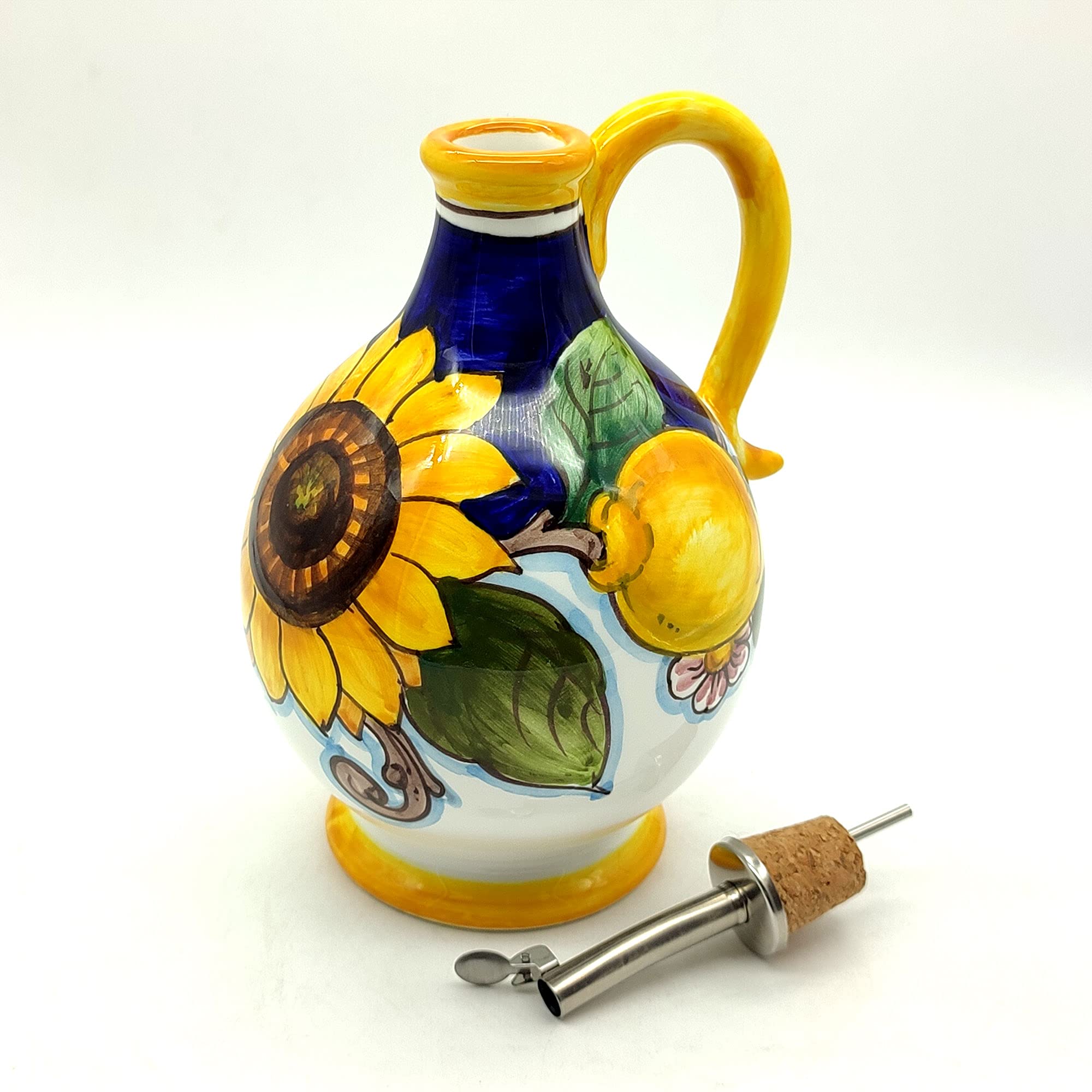 Italian Ceramic Olive Oil Dispenser Bottle XL Size 14oz - Hand Painted Tuscan Sunflower & Lemon Design - Premium Kitchen Oil Cruet - Made in Italy - Perfect for Cooking, Salad Dressing & Gourmet Food Presentation