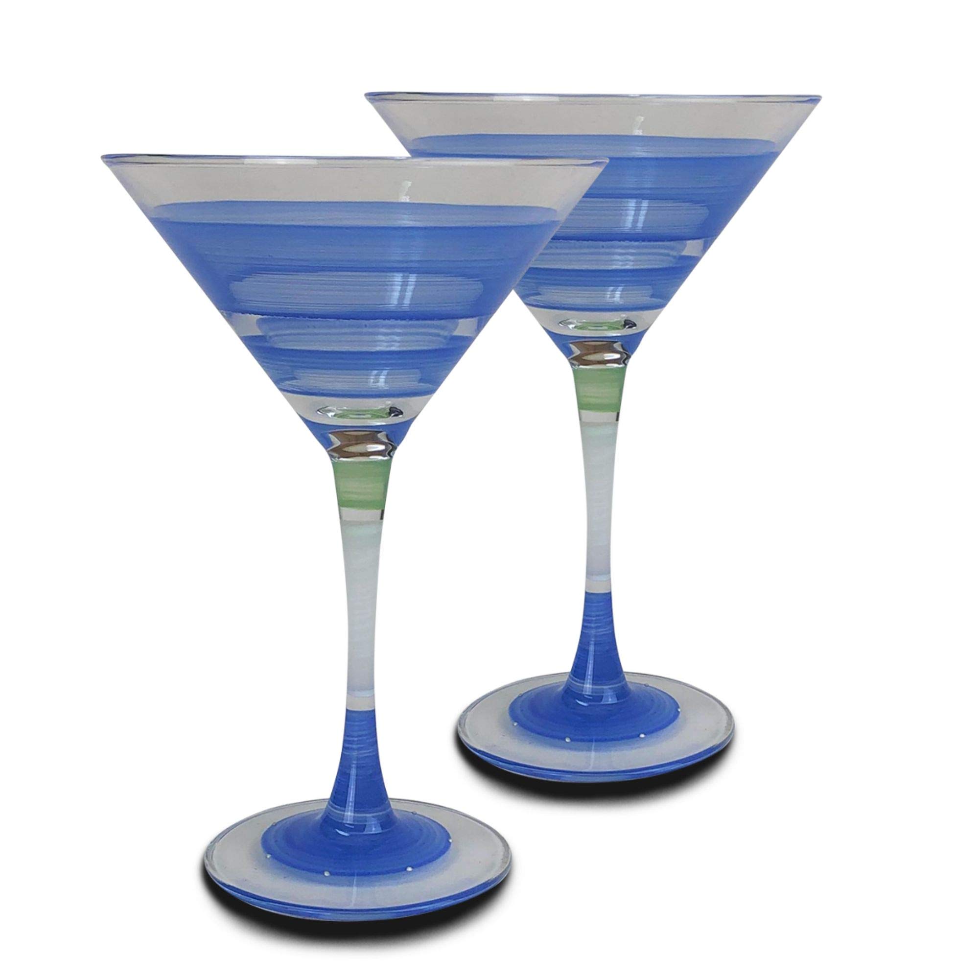 Set of 2 Blue Retro Stripe Hand Painted Martini Glasses - 7.5oz Cocktail Glasses for Vintage Home Bar, Party Decor & Gift Ideas