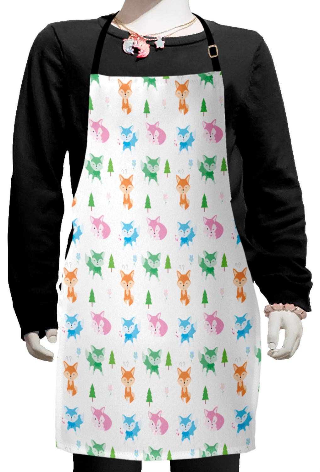 Ambesonne Fox Apron - Adjustable Baking & Painting Apron with Pine Tree & Fox Cartoon Print, Small Size, White & Multicolor - Perfect for Cooking, Baking, Crafting & DIY Projects