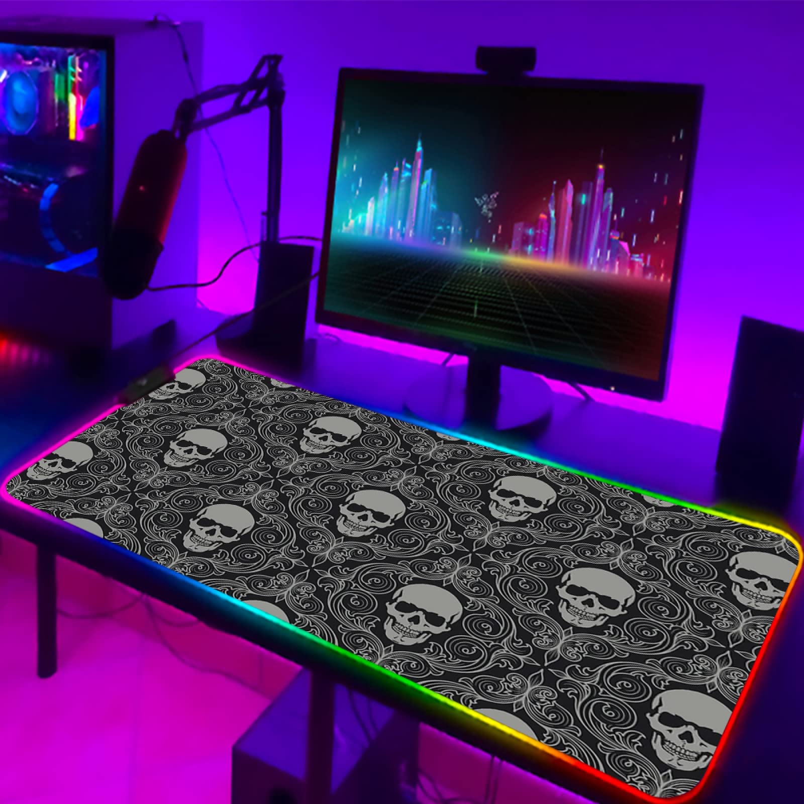 RGB Gaming Mouse Pad with Skull Pattern - 14 Lighting Modes, Non-Slip Rubber Base, 12x24 Inch LED Mouse Mat for PC Gaming, Esports & Office Work