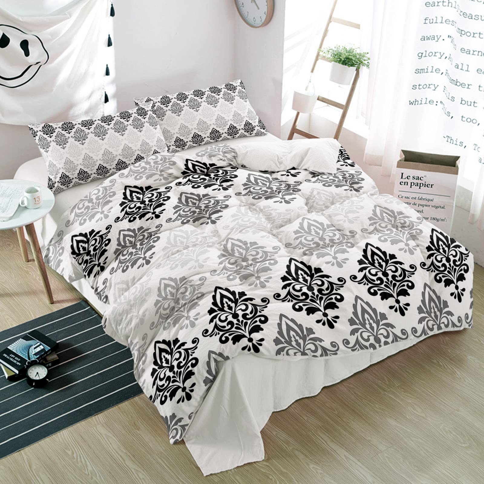 California King Duvet Cover Set 3-Piece - Black Floral Tile Texture Luxury Printed Comforter Cover with 2 Pillow Shams - Soft Gradient Bedding for Master Bedroom Decor | Perfect for Modern Home, Guest Room & Hotel Style Bedding