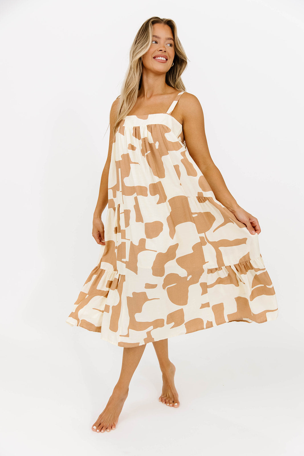 Padma Abstract Print Shirring Tiered Flowy Midi Dress in Ivory/Taupe - Elegant Boho Summer Dress for Beach Vacations, Date Nights & Special Occasions