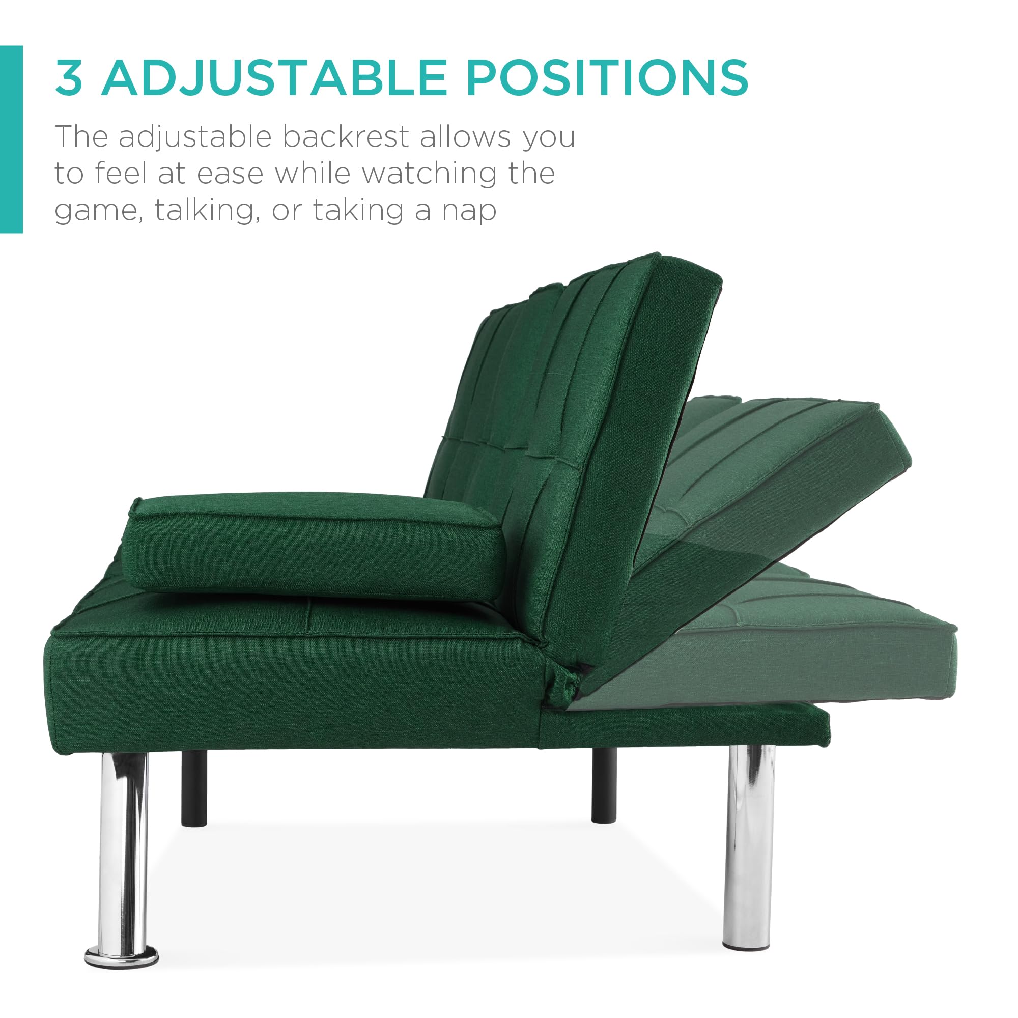 Best Choice Products Modern Folding Futon Sofa Bed - Dark Green Linen Recliner with Removable Armrests & 2 Cup Holders - Perfect for Small Apartments, Dorm Rooms & Guest Rooms