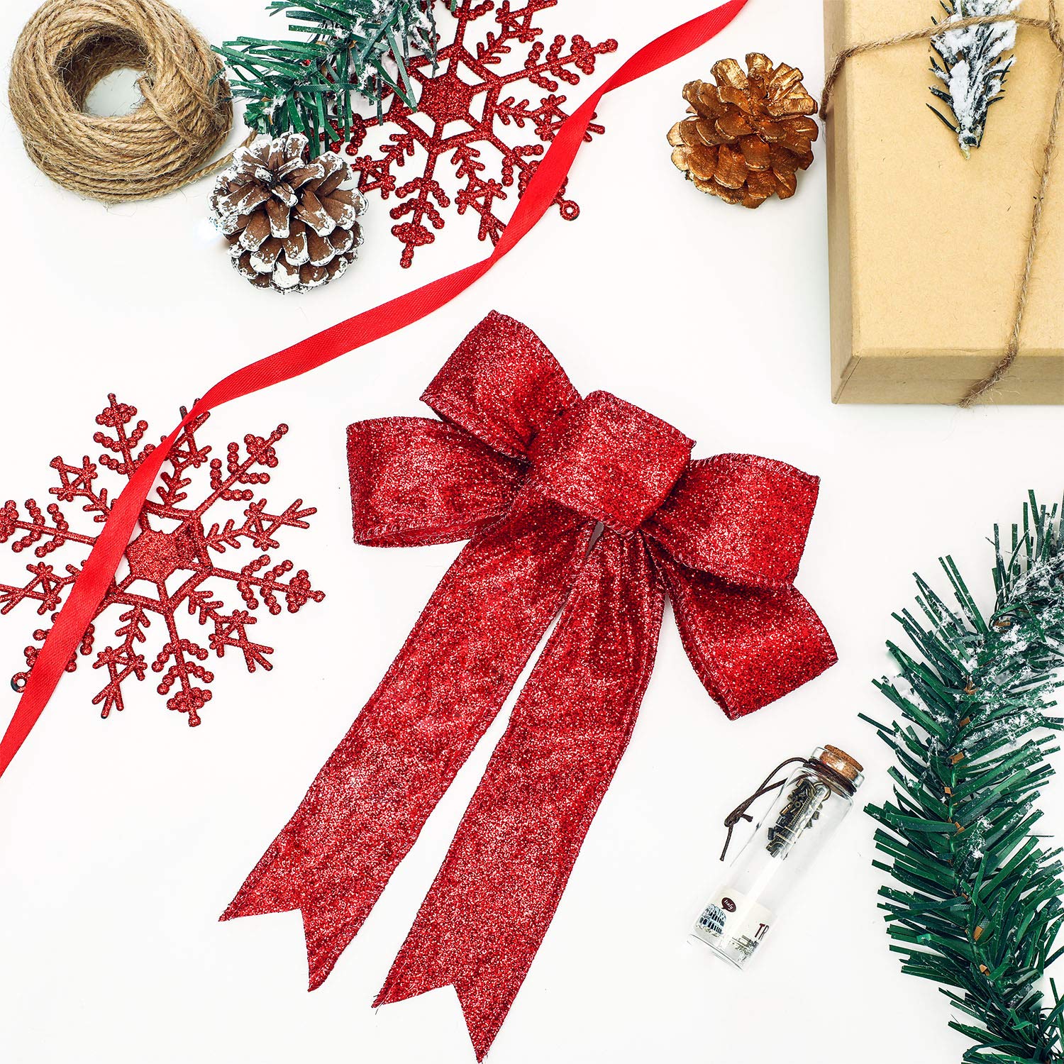 WILLBOND 9-Piece Glitter Christmas Ribbon Bows Set - Red Holiday Wreath & Party Decorations for Tree, Gifts, and Festive Home Decor