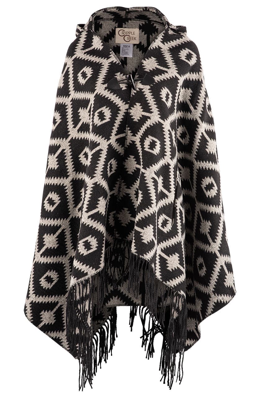 Warm and Cozy Cripple Creek Black & Cream Hooded Blanket Poncho for Women - Soft Fleece Wearable Blanket with Pockets, Perfect for Lounging, Camping, and Outdoor Activities