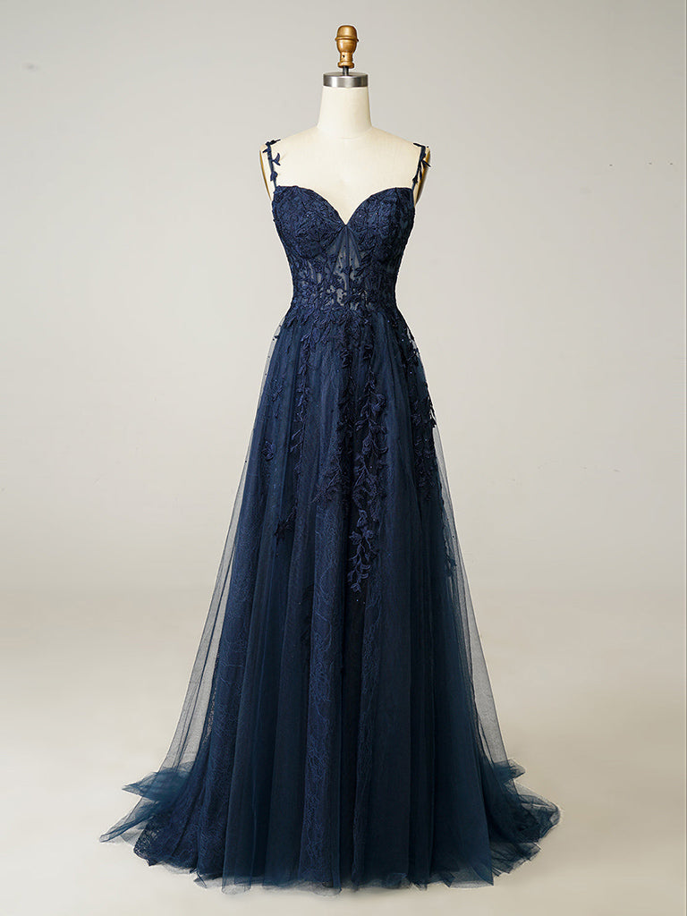 Elegant A-Line Sweetheart Neck Tulle Lace Dark Blue Long Prom Dress | Formal Evening Gown for Homecoming, Ball & Special Occasions