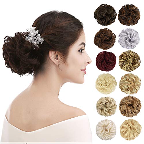 REECHO 2PCS Thick Messy Bun Hair Extensions - Curly Wavy Ponytail Hairpieces with Scrunchies for Women & Girls (Dark Brown with Light Blonde Highlights) - Perfect for Parties, Weddings & Everyday Styling