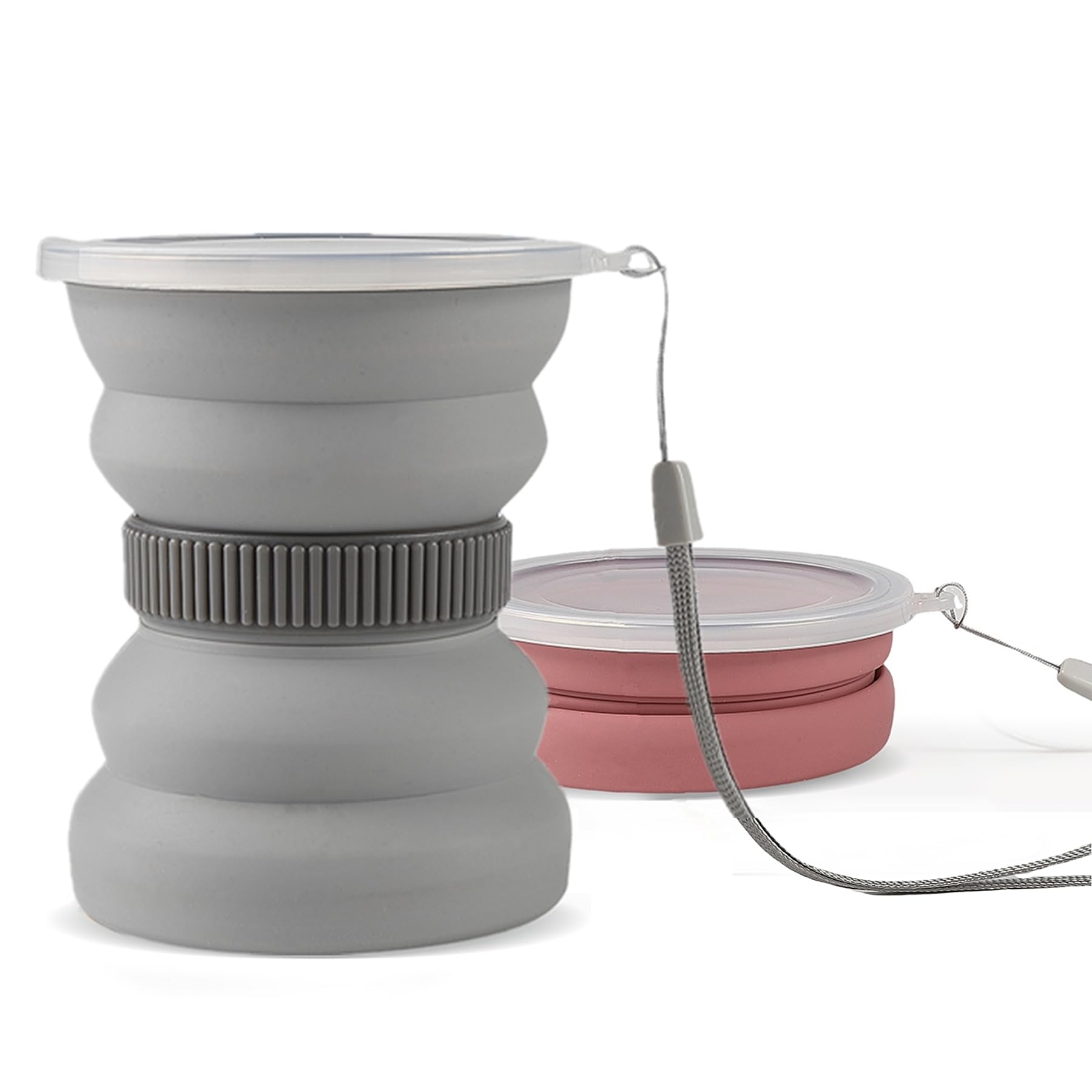 Collapsible Travel Cup 10.5oz - Foldable Silicone Cup with Lid for Camping, Hiking, Backpacking & Outdoor Adventures - Portable Leakproof Mug for Coffee, Tea & Drinks - Perfect for Travel, Picnics & Road Trips (Pink & Gray)