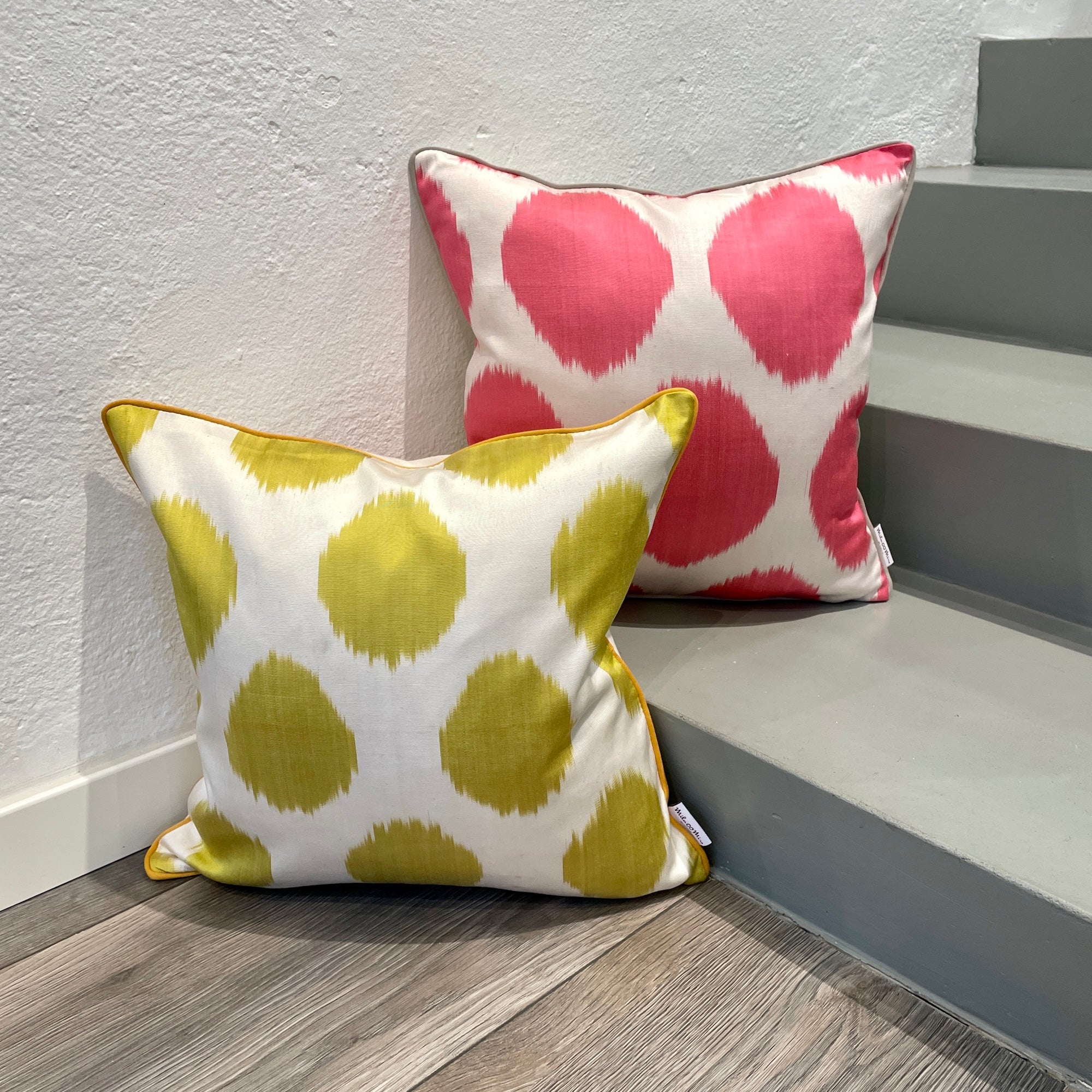 Lime Silk Ikat Cushion Cover with Dots Pattern - Bohemian Home Decor for Sofa, Bed & Living Room