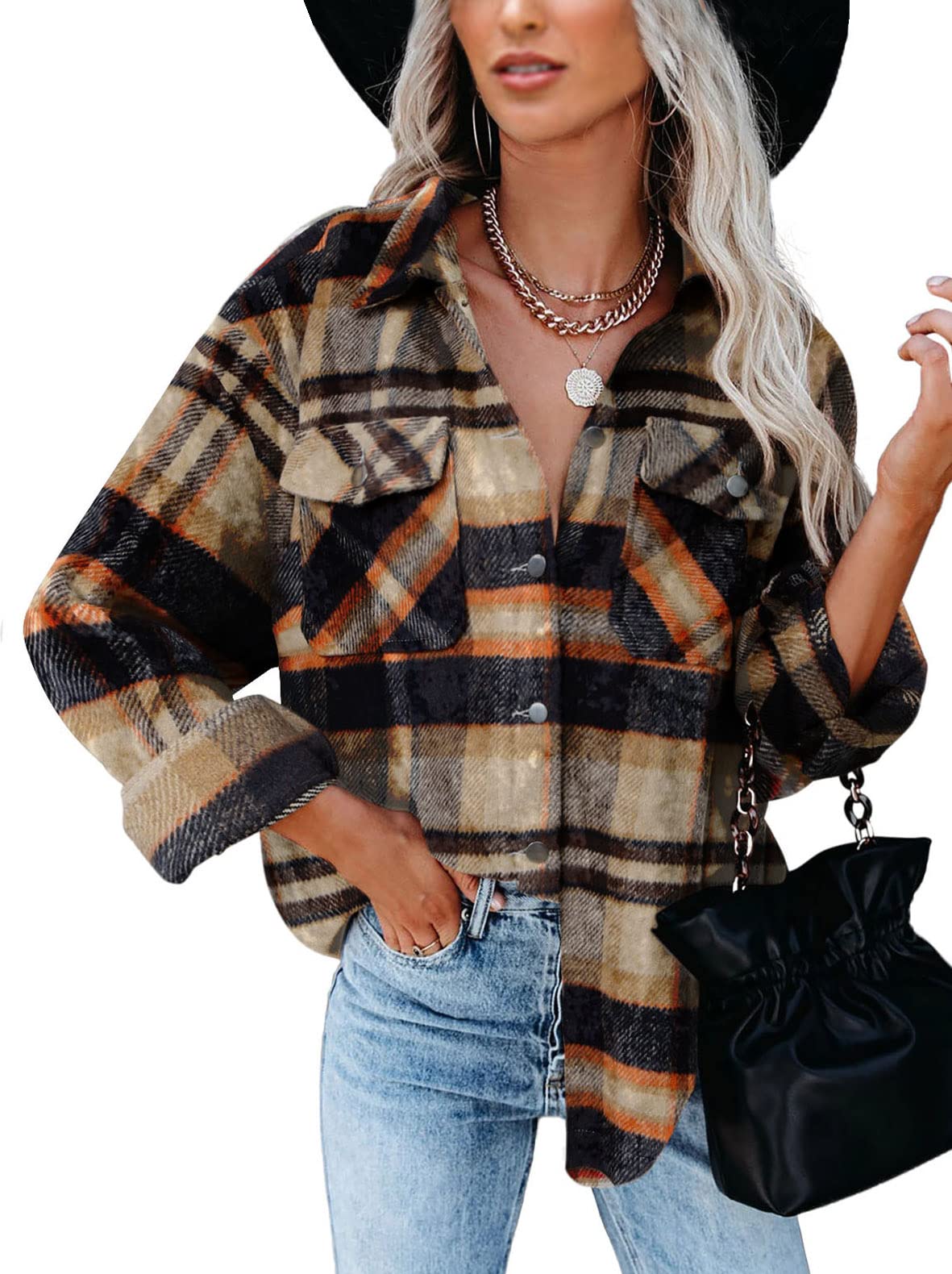 BTFBM Women's Plaid Flannel Shacket - Long Sleeve Button Down Casual Shirt Jacket for Fall & Spring | Loose Fit Blouse Top for Outdoor Activities, Work & Weekend Wear (2025 Fashion)