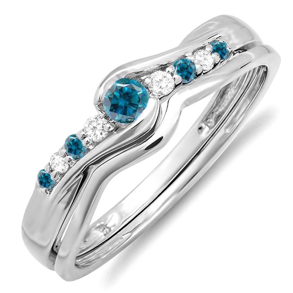 Dazzlingrock Collection 0.25 Carat 10K White Gold Round Blue & White Diamond Women's Bridal Promise Wedding Ring Set - Perfect for Engagement, Anniversary & Special Occasions