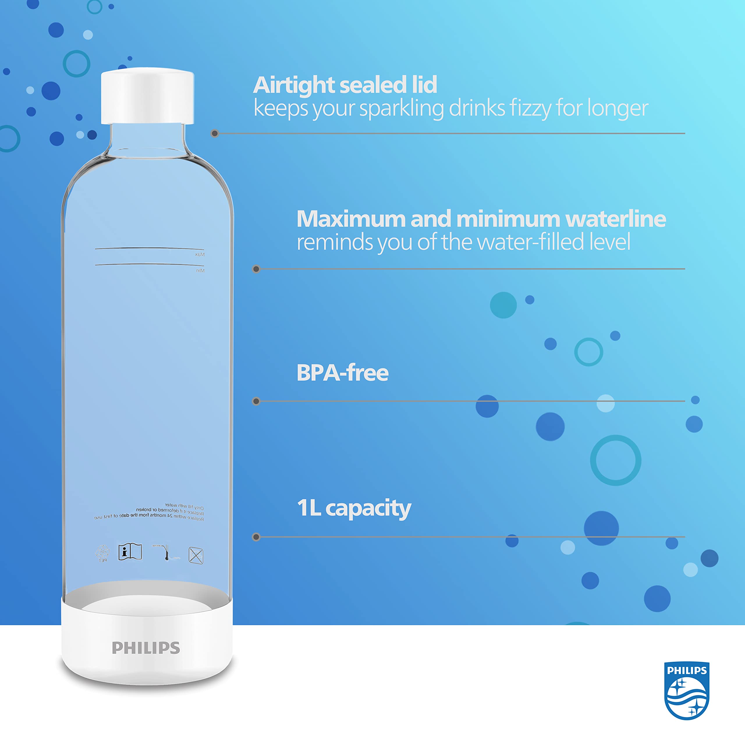 Philips Stainless Steel Sparkling Water Maker with 2 Carbonating Bottles (1L Twin Pack) - Perfect for Home, Office & Parties | Effervescent Drink Solution