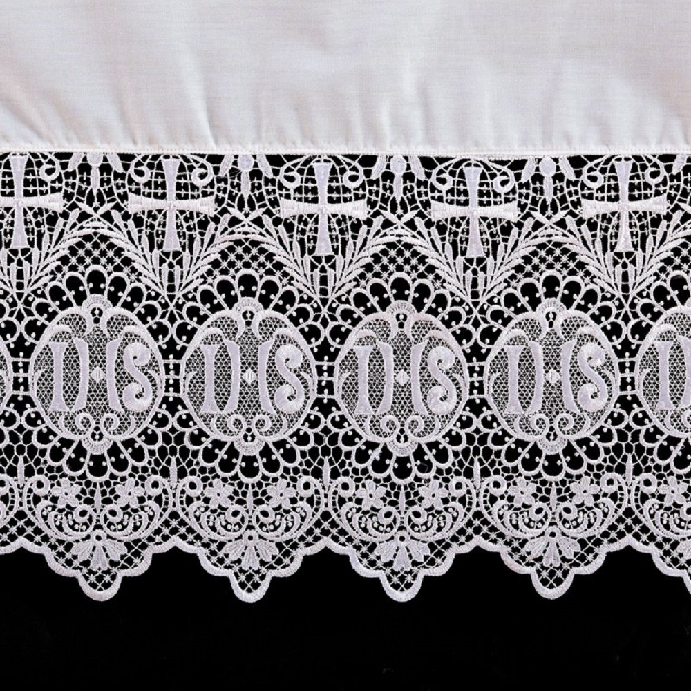 Christian IHS Lace Altar Frontal - Elegant Church Altar Cover for Weddings, Baptisms & Holy Communion Ceremonies