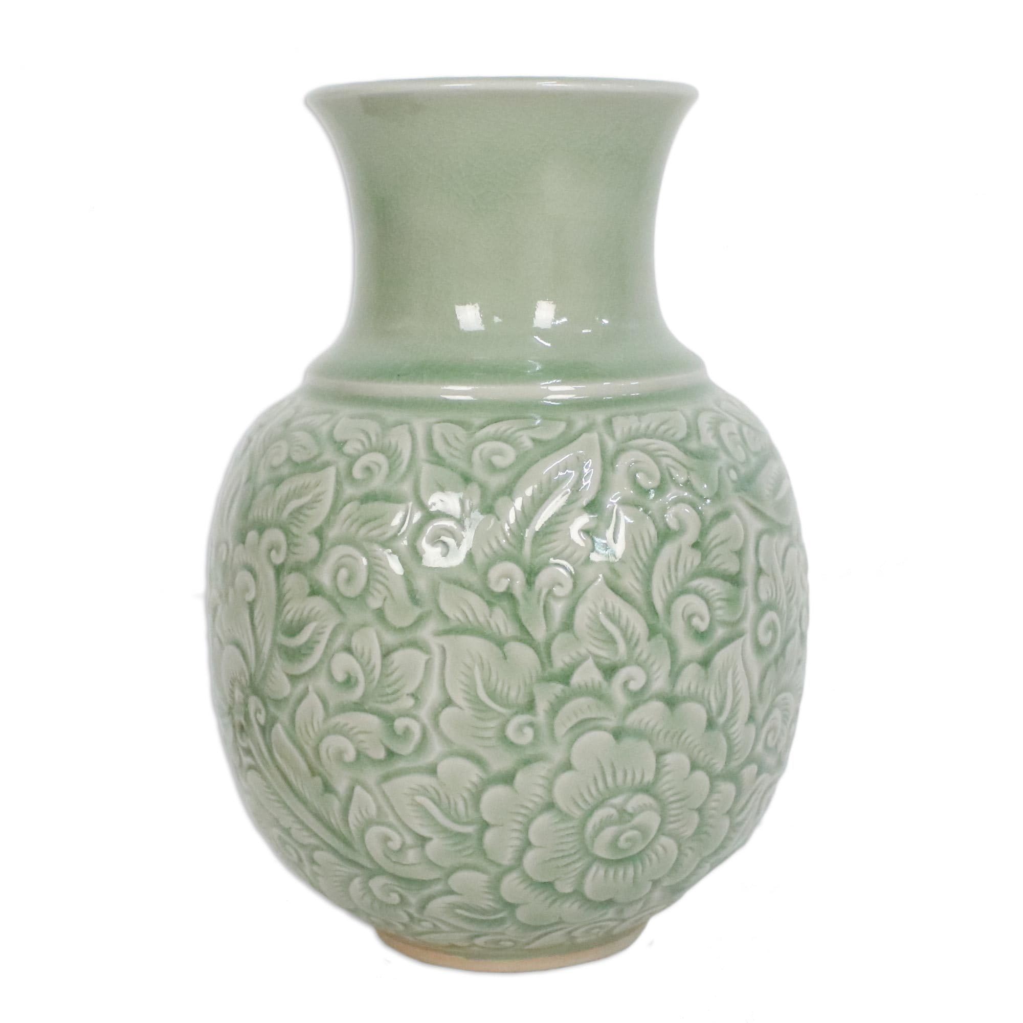 NOVICA Handcrafted Light Green Floral Celadon Ceramic Vase - Jade Landscape Design - Elegant Home Decor for Living Room, Dining Table & Wedding Centerpieces