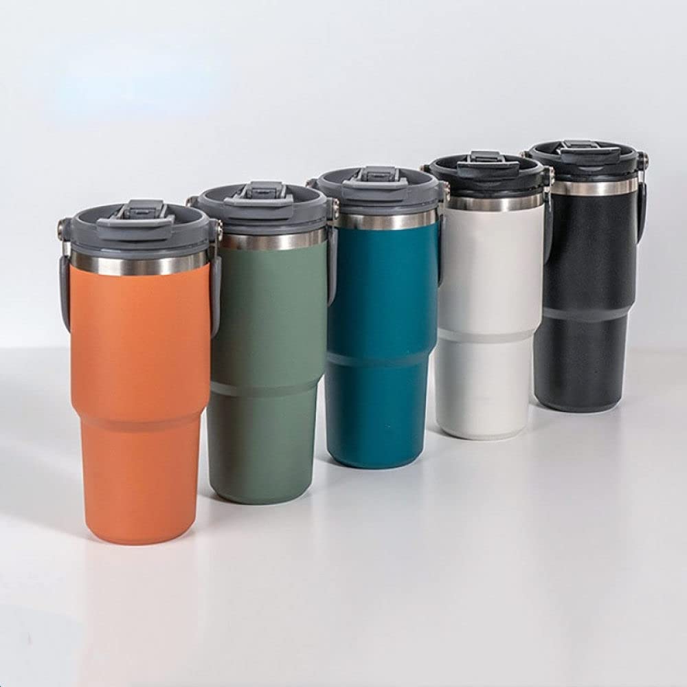 900ml Large-Capacity 304 Stainless Steel Sports Water Bottle with Straw - Insulated Thermos for Coffee, Tea & Cold Drinks - Leakproof Travel Mug for Gym, Hiking, Office & Car (Orange)