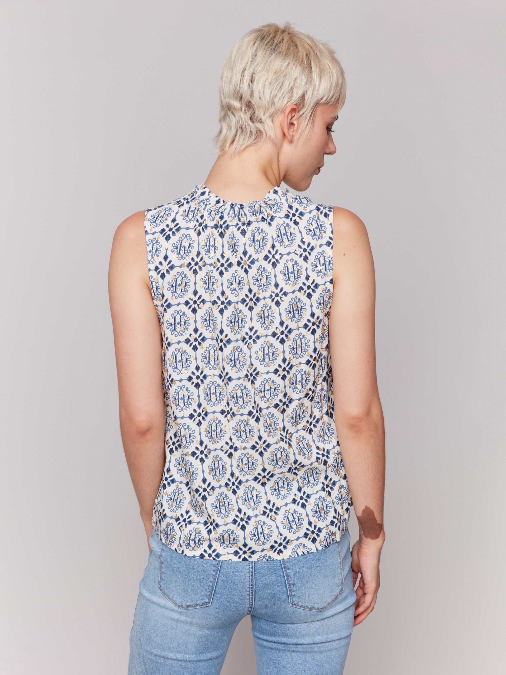Printed Sleeveless Ruffle Neck Blouse - Women's Floral Summer Top for Casual Wear & Beach Outfits