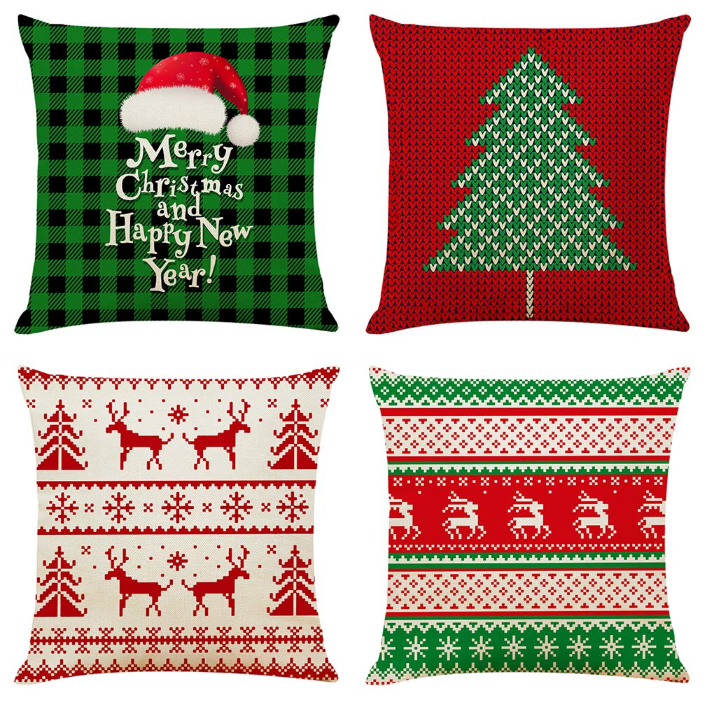 Ogrmar 4-Piece 18x18 Inch Christmas Throw Pillow Covers - Cotton Linen Square Cushion Covers for Sofa, Couch, Bed & Car Decor - Holiday Home Decor & Festive Living Room Accessories (Christmas Green)