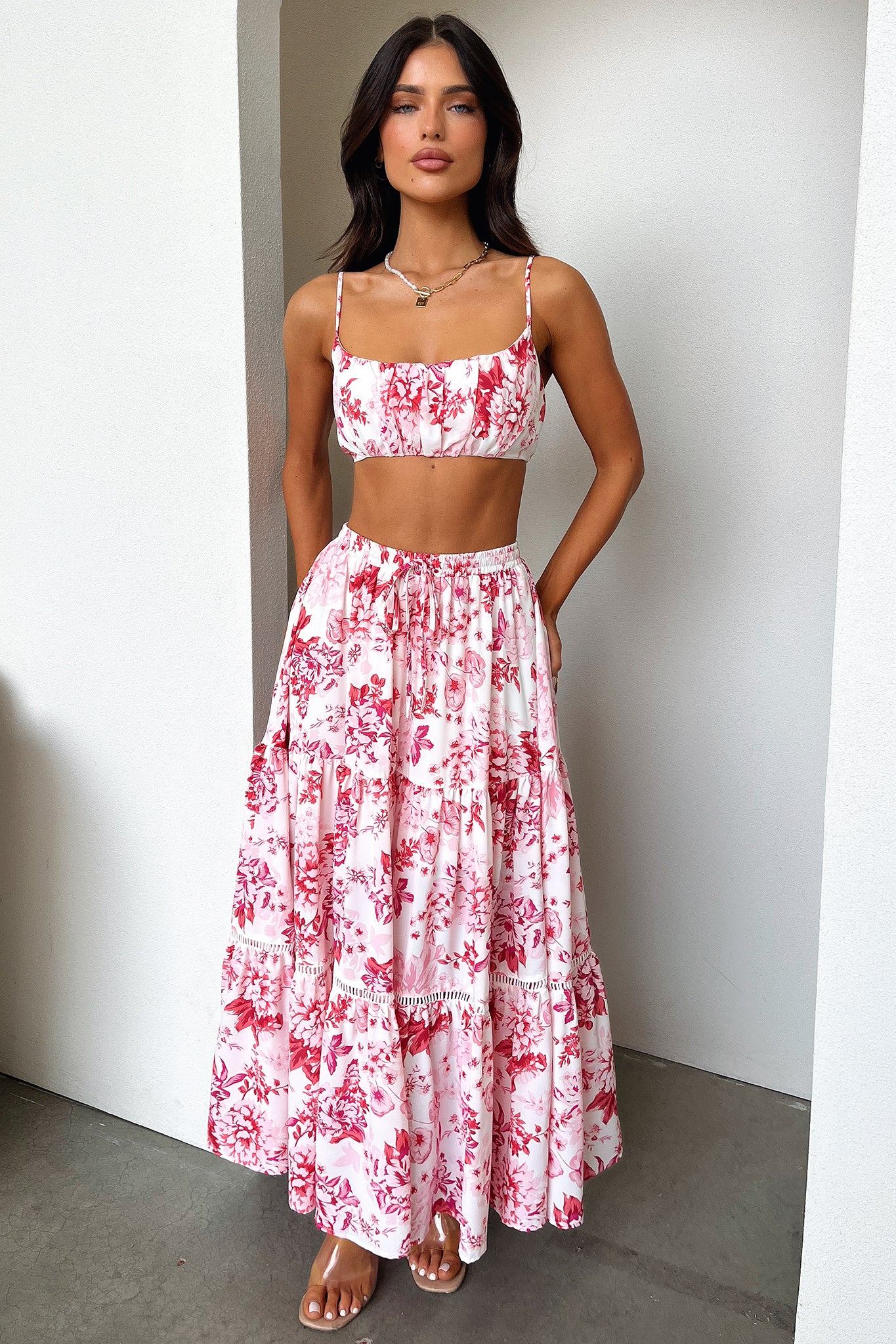 Kei Maxi Skirt - Floral Print Pink & Red Long Skirt for Women | Boho Summer Beach Dress, Vacation Outfit, Casual Elegant Fashion