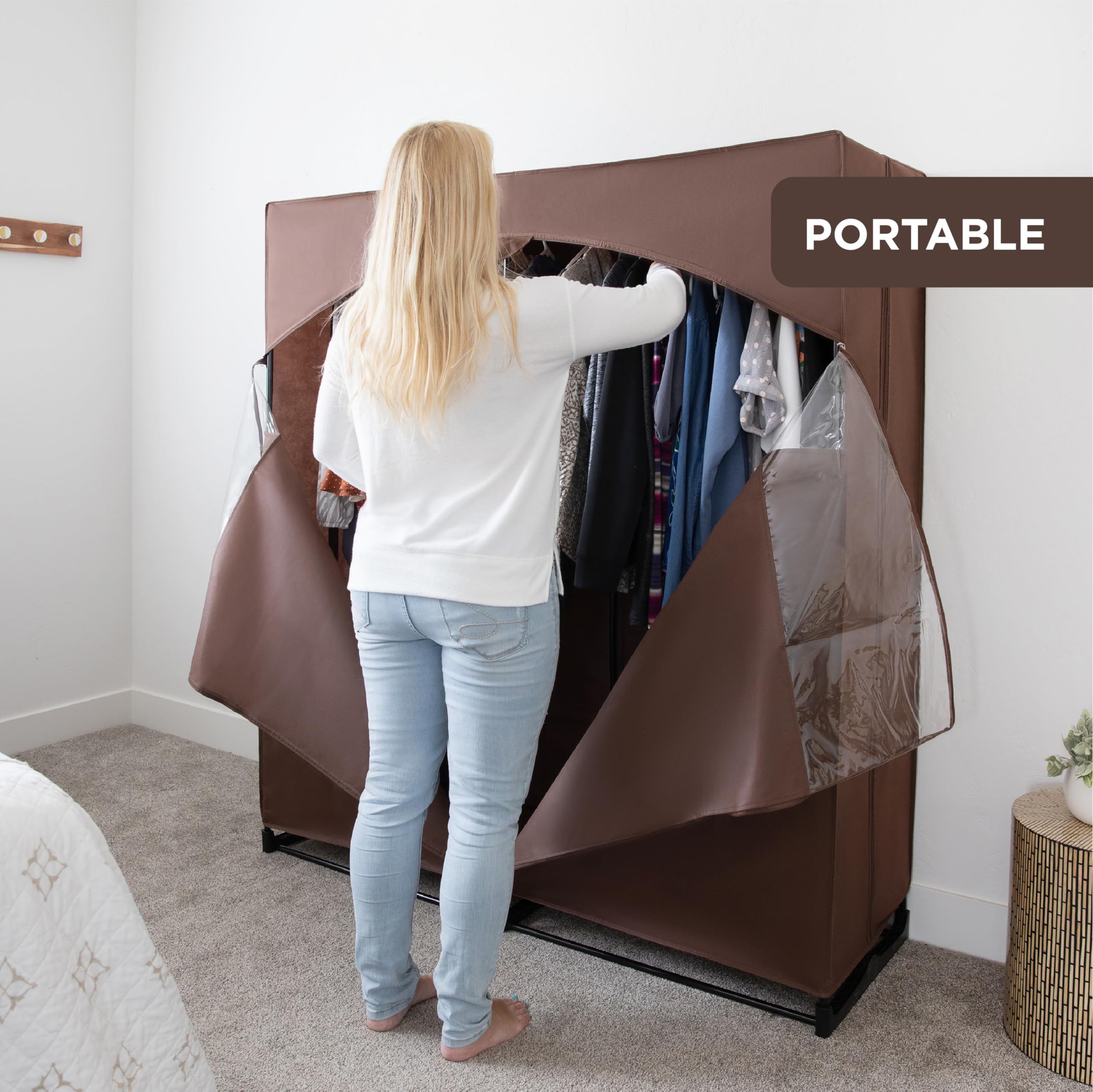 Premium Heavy Duty Portable Wardrobe Closet with Metal Hanging Rod & Brown Cover - 50 LB Weight Capacity - Easy No-Tool Assembly for Travel, Camping & Temporary Storage