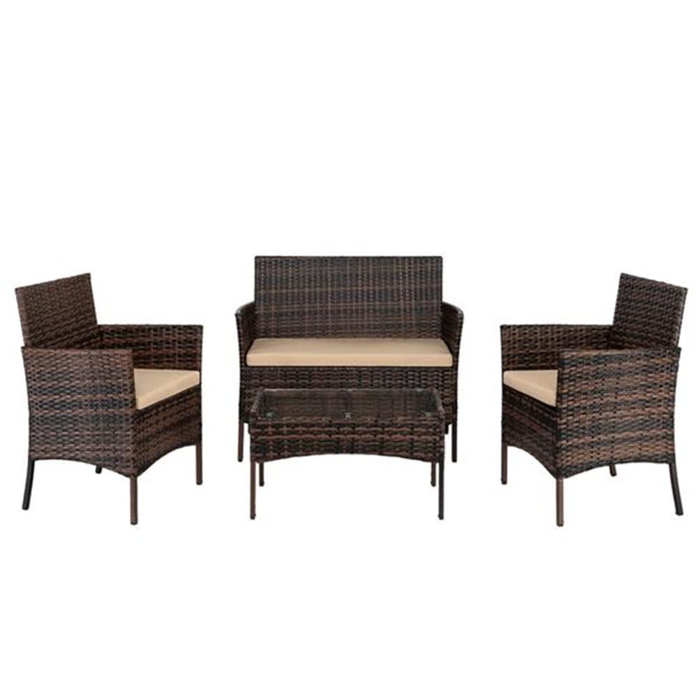 Outdoor Patio Furniture Set 4-Piece Wicker Rattan Conversation Set with Cushions & Glass Table - Brown Garden, Backyard, Balcony, Porch & Poolside Bistro Seating for Relaxing & Entertaining
