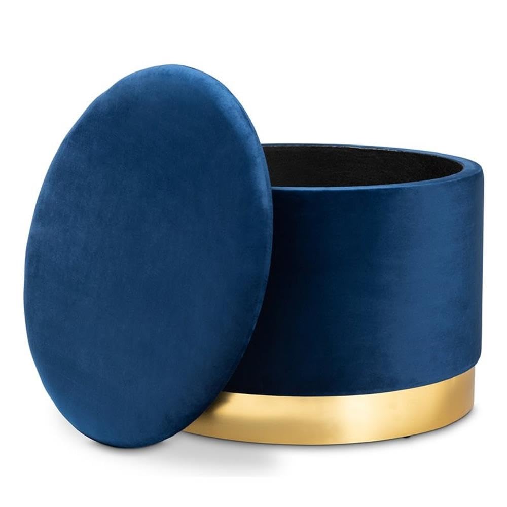 BOWERY HILL Navy Blue Velvet Upholstered Storage Ottoman with Gold Finish - Luxurious Footrest, Coffee Table & Extra Seating for Living Room, Bedroom or Office