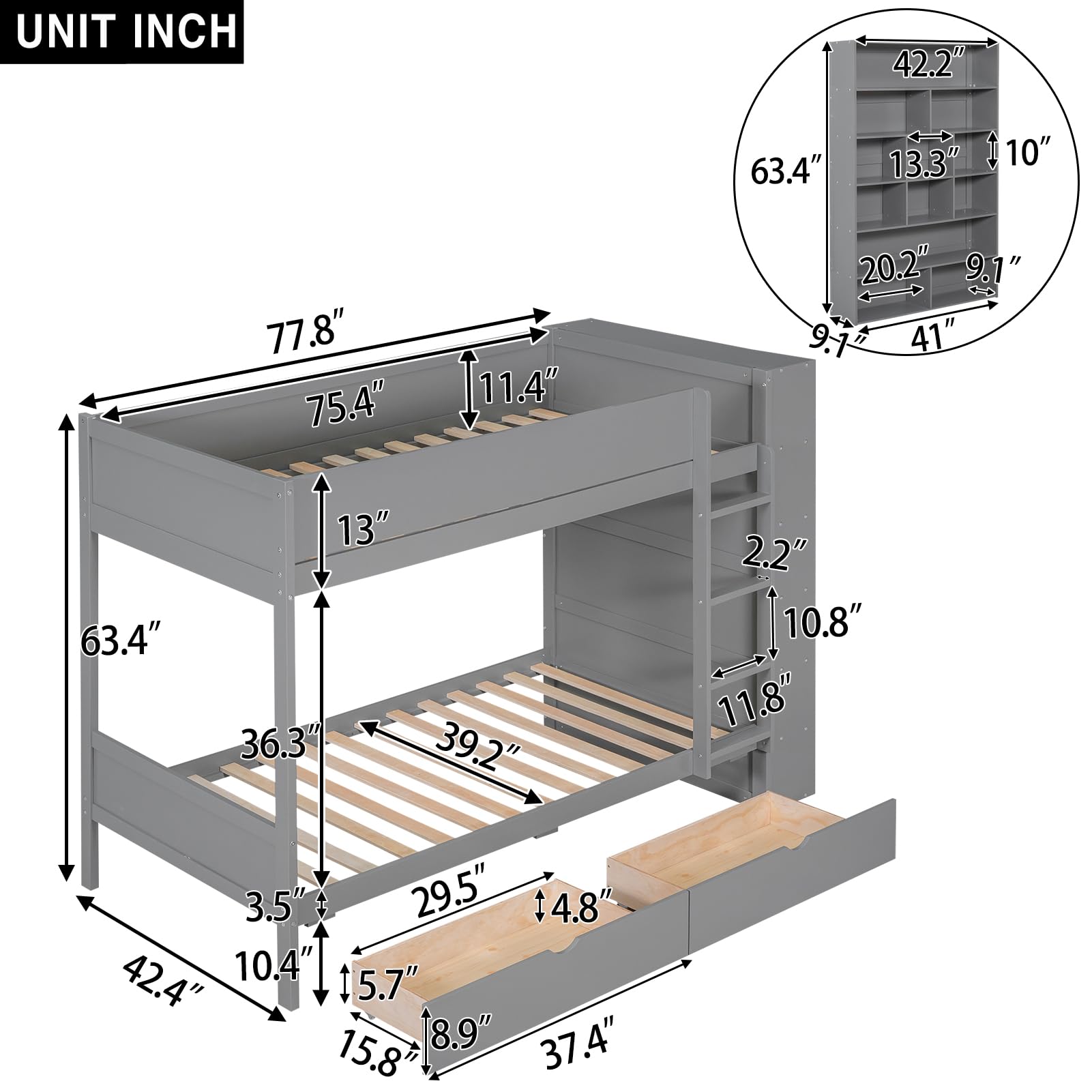 P PURLOVE Twin Over Twin Wooden Bunk Bed with 2 Drawers & Multi-Layer Storage Cabinet - Space-Saving Kids Bunk Bed Frame for Bedrooms, Dorms, and Small Spaces
