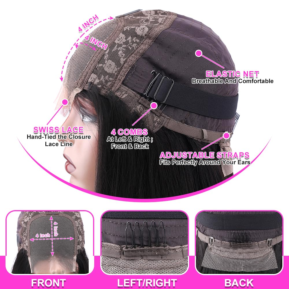 4x4 Lace Front Wigs Human Hair for Women - 180% Density Glueless Straight Closure Wigs (28 Inch, Pre-Plucked) - Perfect for Daily Wear, Cosplay & Special Occasions