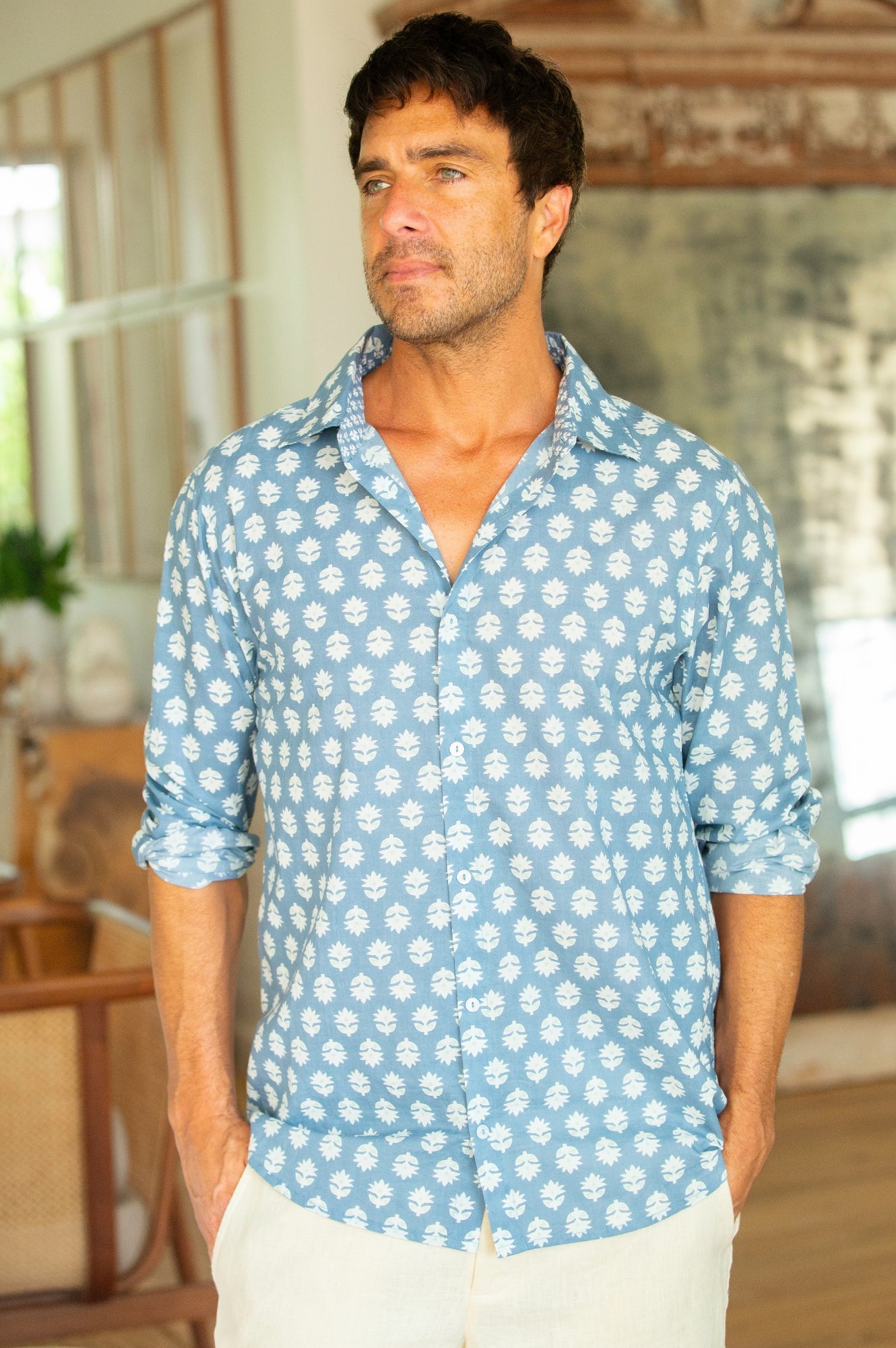 Organic Cotton Men's Shirt - Mini Sunflower Print in Grey & Mint Colors | Casual Wear, Summer Outfits, Beach Style