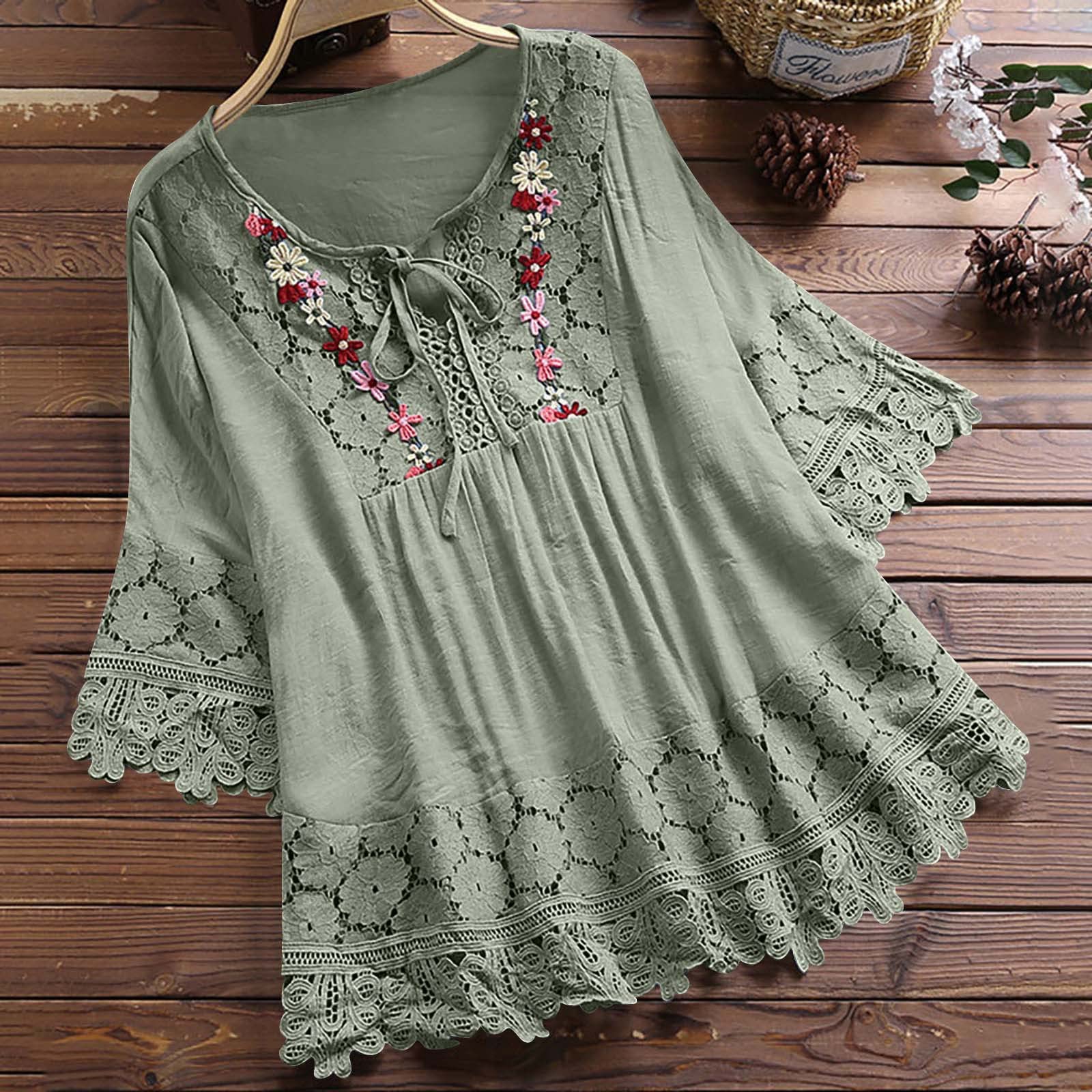 Boho Women's Cotton Linen Embroidered Flowy Shirt - Plus Size 3/4 Sleeve Crochet Blouse for Casual Wear | Perfect for Beach Outings, Summer Vacations & Boho-Chic Outfits